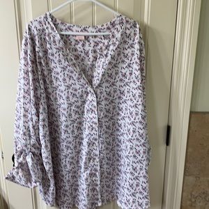 Button down blouse, red and blue floral print.